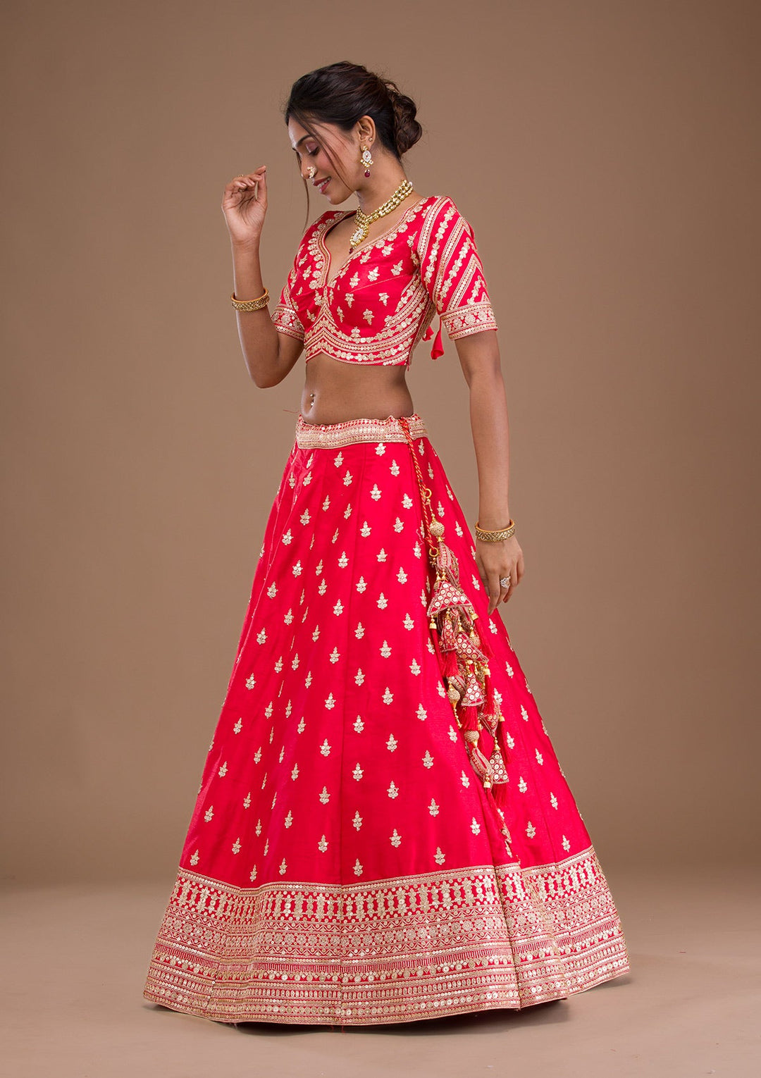 Red Zariwork Raw Silk Readymade Lehenga-Koskii