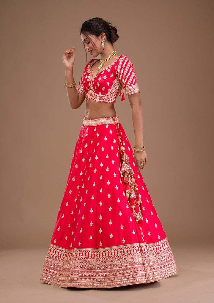 Red Zariwork Raw Silk Readymade Lehenga-Koskii