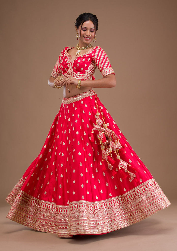 Red Zariwork Raw Silk Readymade Lehenga-Koskii