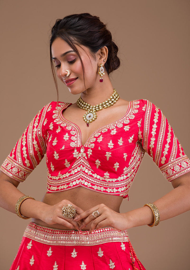 Red Zariwork Raw Silk Readymade Lehenga-Koskii