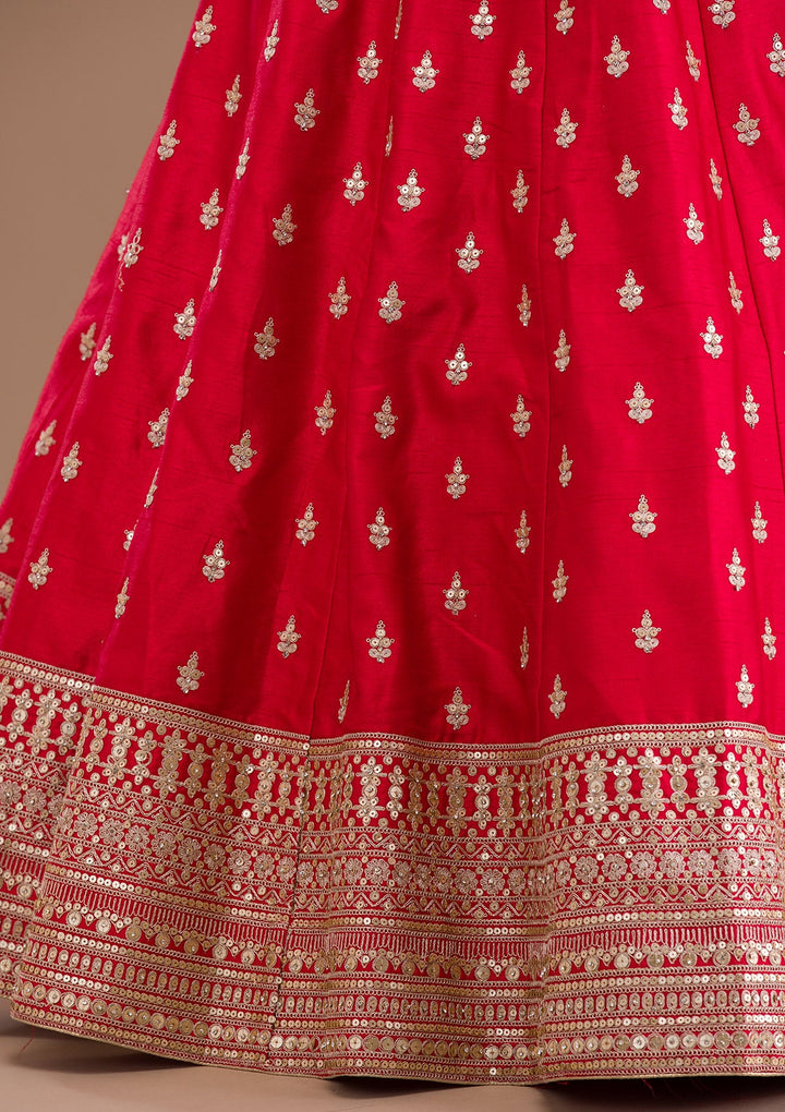 Red Zariwork Raw Silk Readymade Lehenga-Koskii