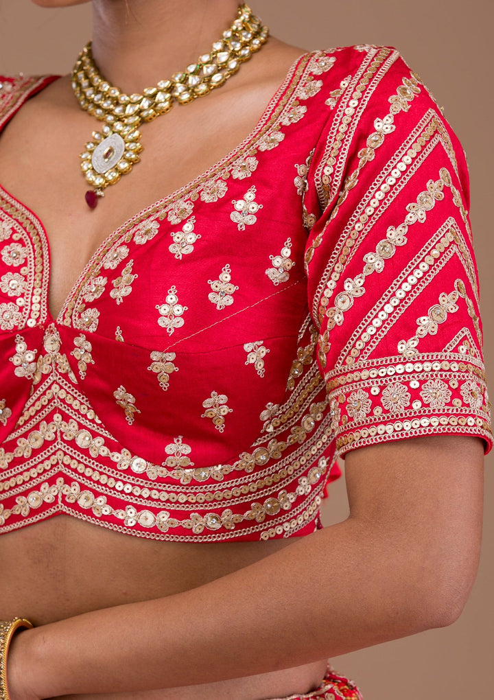 Red Zariwork Raw Silk Readymade Lehenga-Koskii