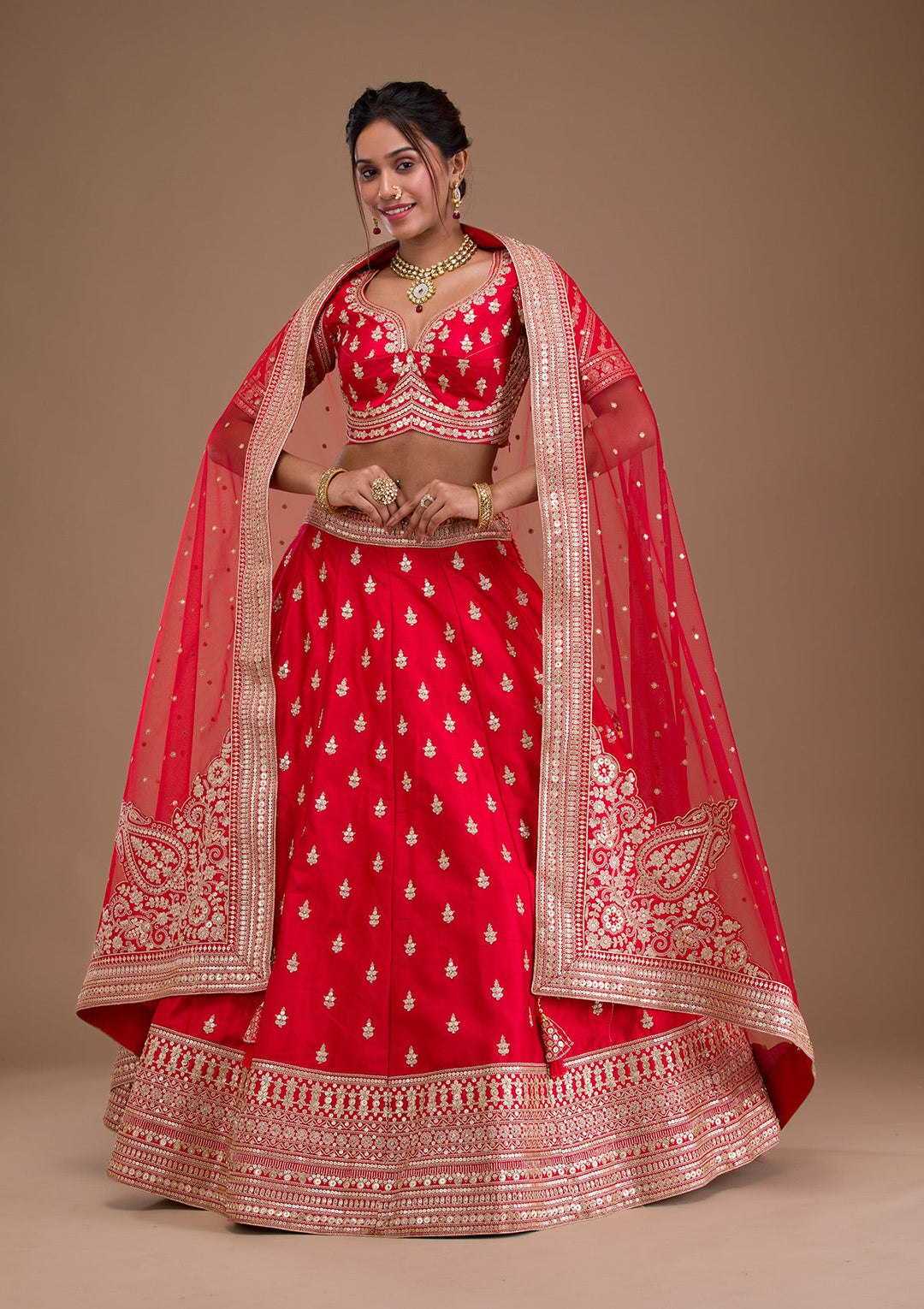 Red Zariwork Raw Silk Readymade Lehenga-Koskii