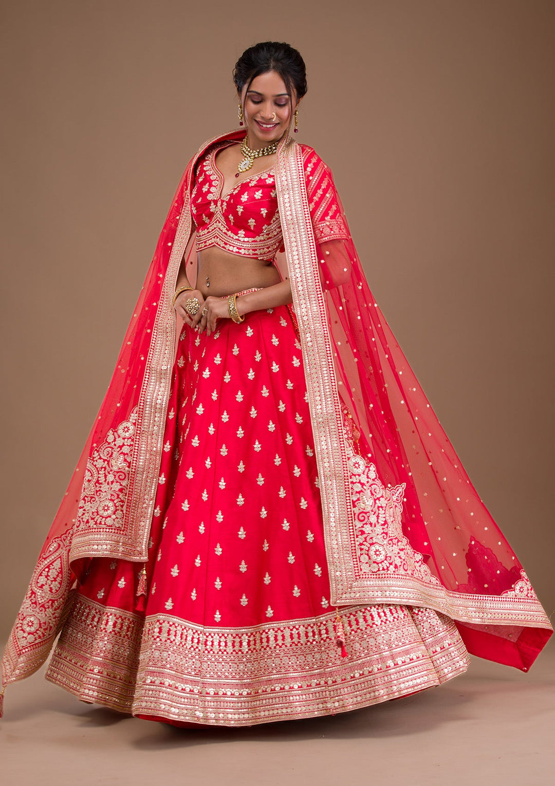 Red Zariwork Raw Silk Readymade Lehenga-Koskii