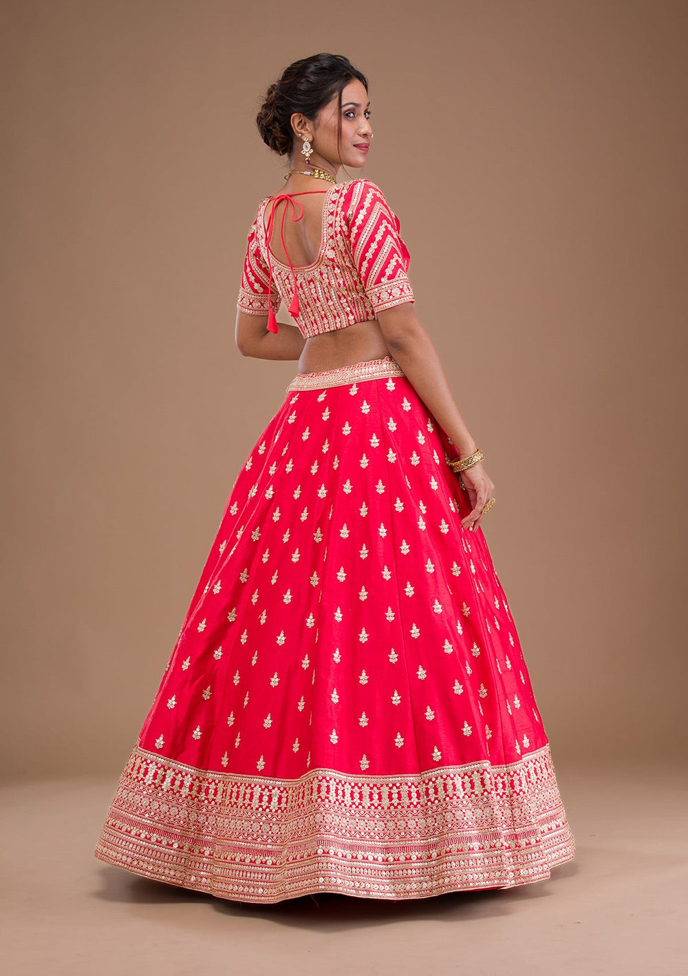 Red Zariwork Raw Silk Readymade Lehenga-Koskii