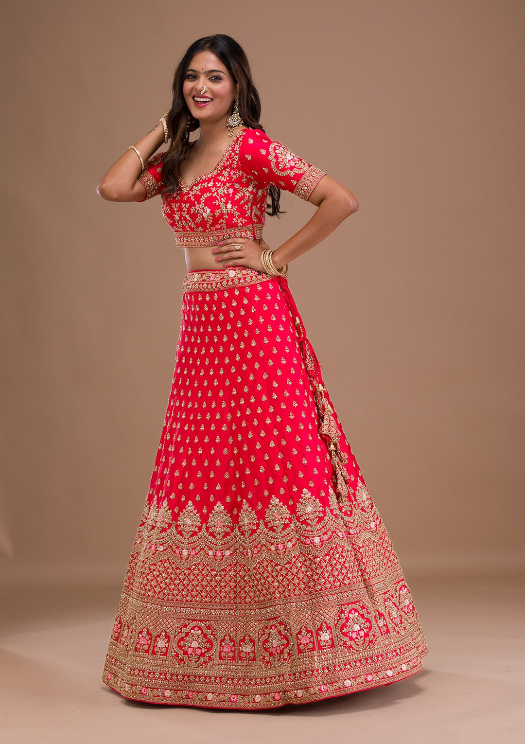 Red Zariwork Raw Silk Readymade Lehenga-Koskii
