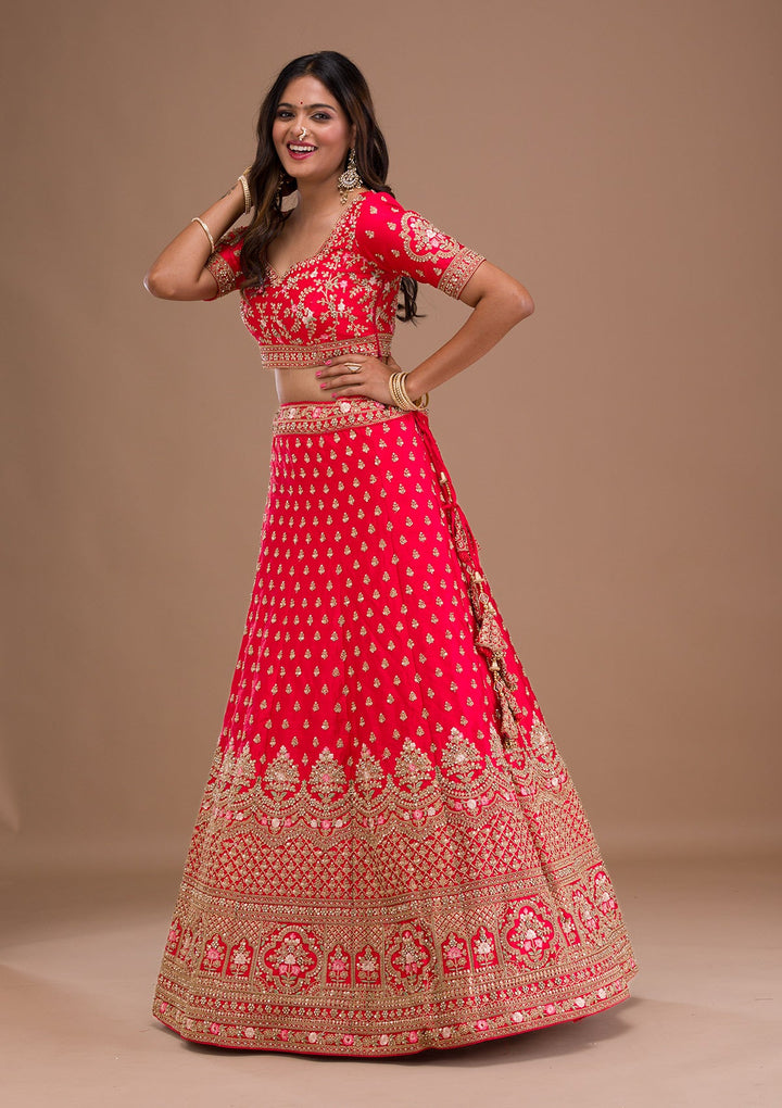Red Zariwork Raw Silk Readymade Lehenga-Koskii