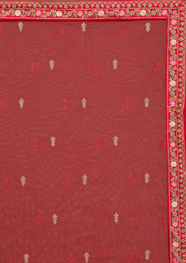 Red Zariwork Raw Silk Readymade Lehenga-Koskii