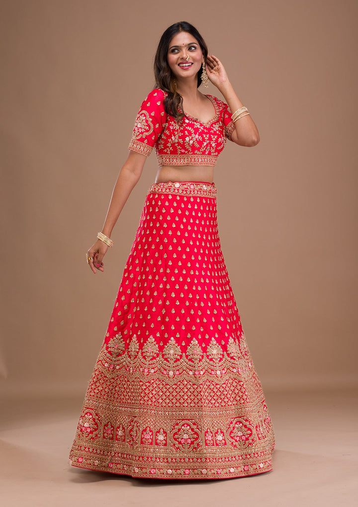 Red Zariwork Raw Silk Readymade Lehenga-Koskii