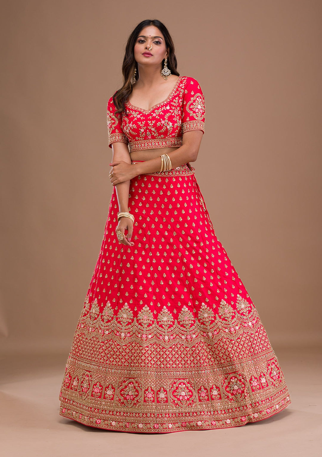 Red Zariwork Raw Silk Readymade Lehenga-Koskii