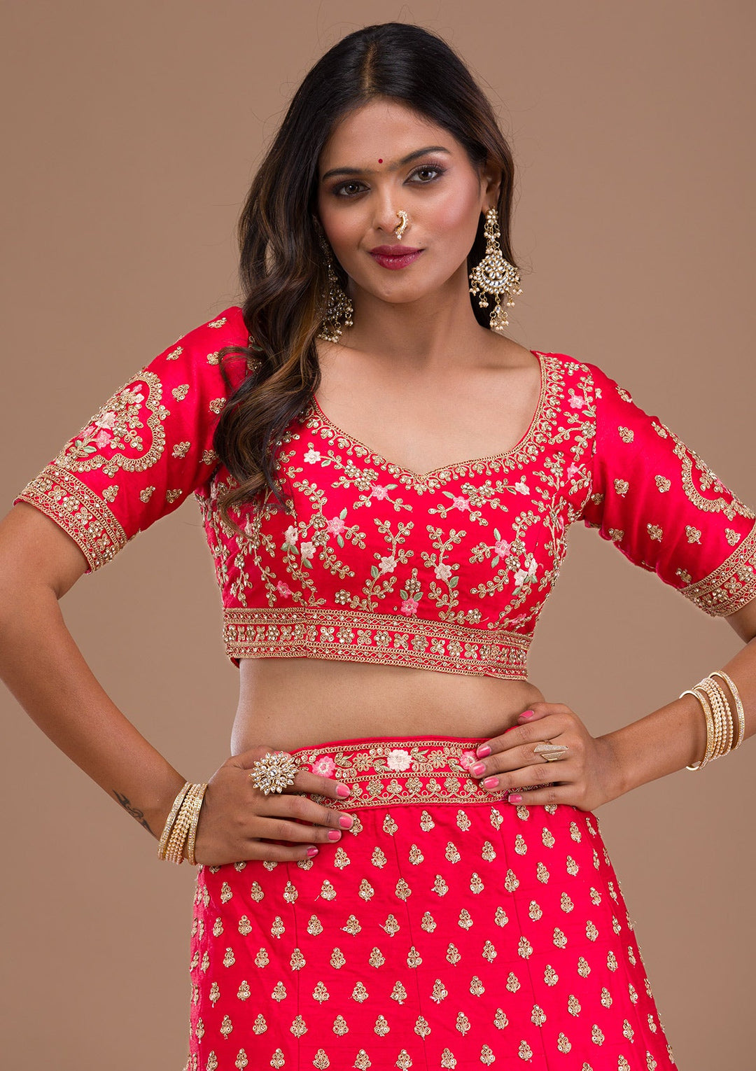 Red Zariwork Raw Silk Readymade Lehenga-Koskii