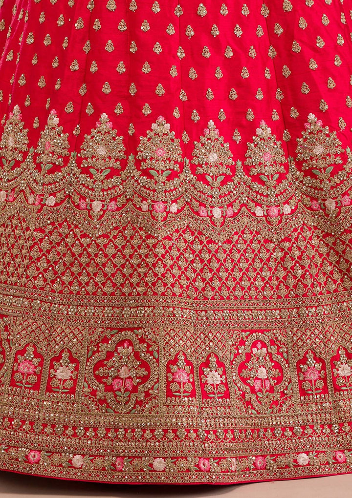 Red Zariwork Raw Silk Readymade Lehenga-Koskii