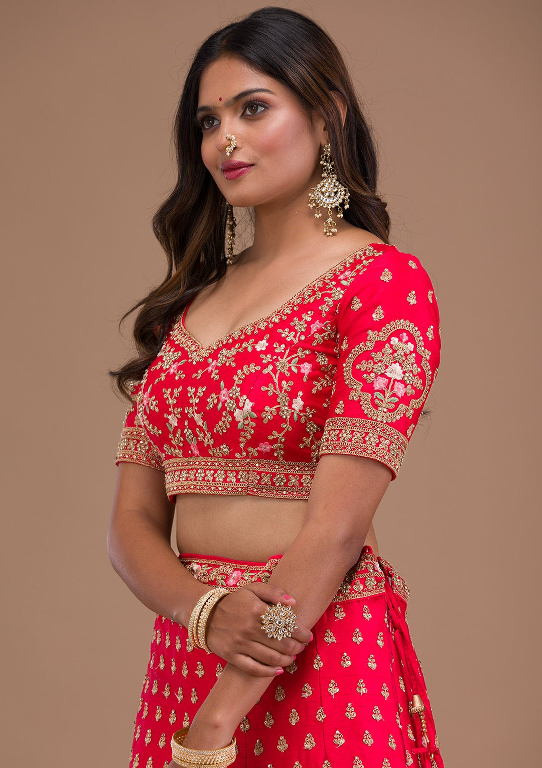 Red Zariwork Raw Silk Readymade Lehenga-Koskii