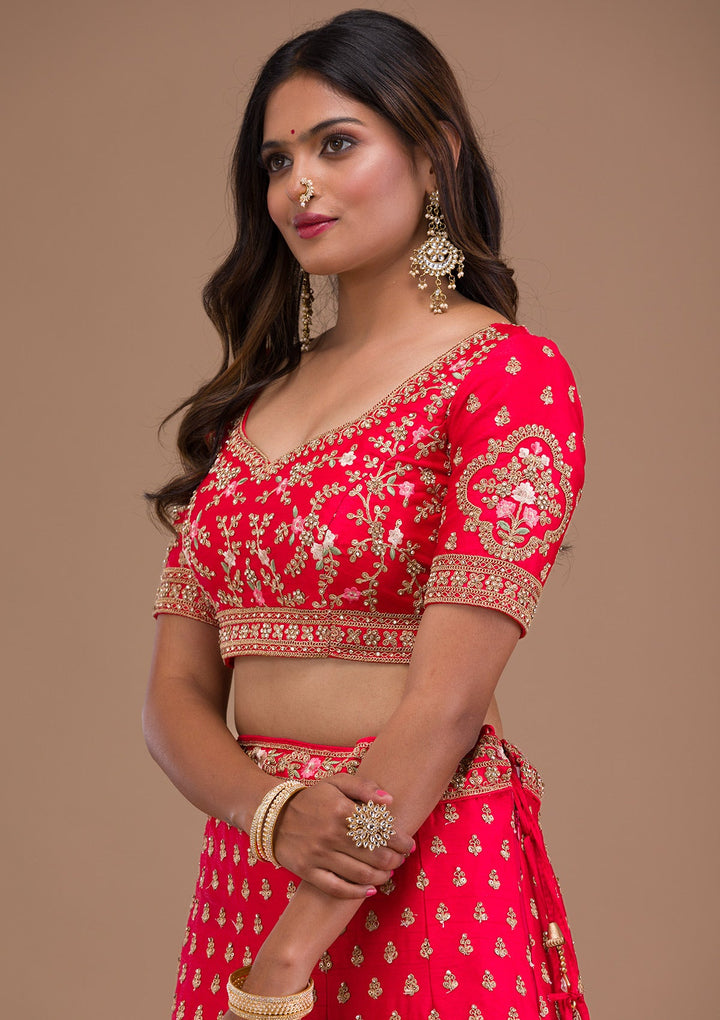 Red Zariwork Raw Silk Readymade Lehenga-Koskii