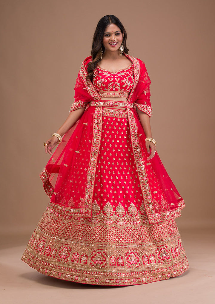 Red Zariwork Raw Silk Readymade Lehenga-Koskii