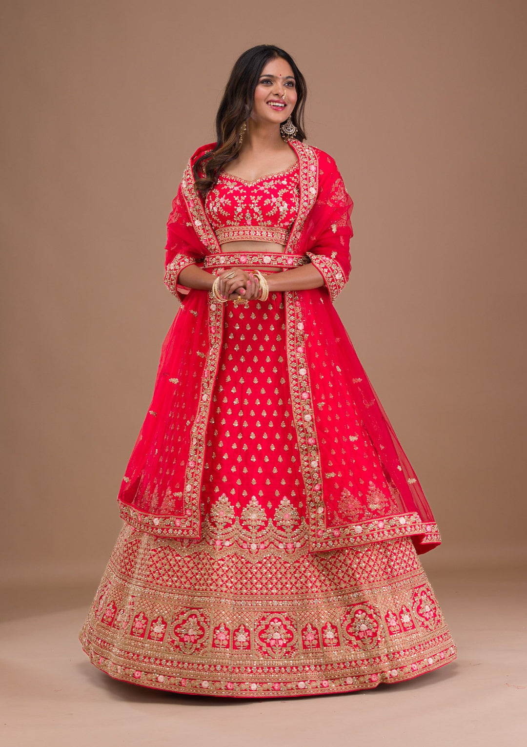 Red Zariwork Raw Silk Readymade Lehenga-Koskii
