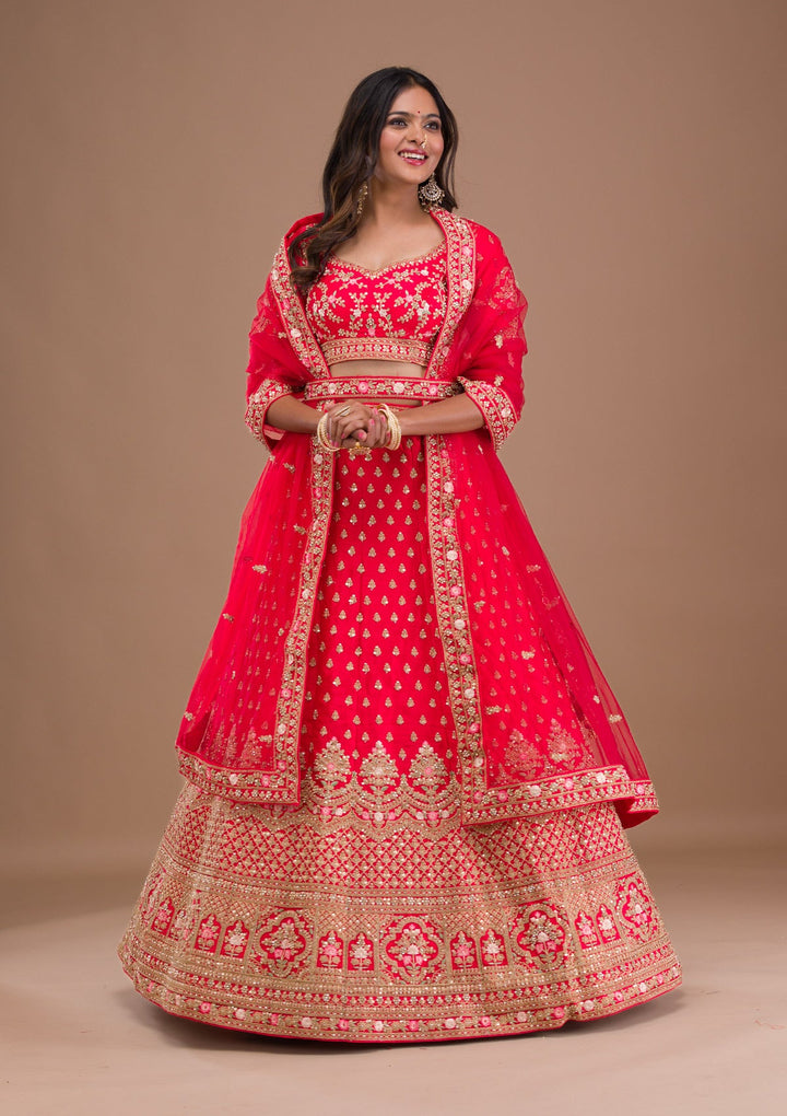 Red Zariwork Raw Silk Readymade Lehenga-Koskii