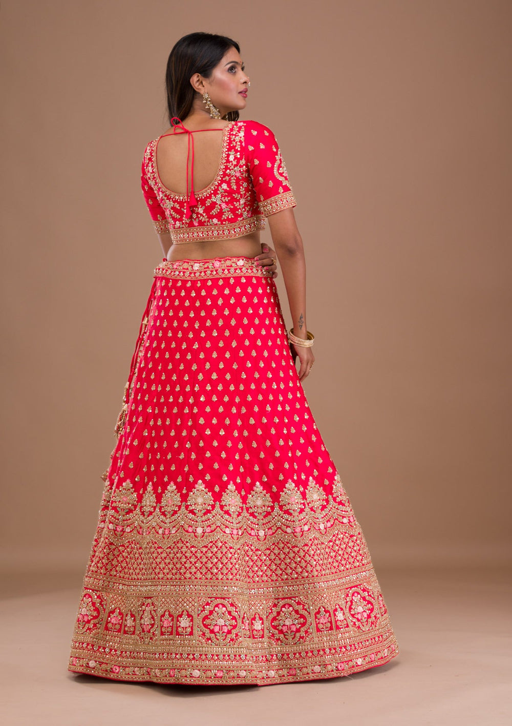 Red Zariwork Raw Silk Readymade Lehenga-Koskii