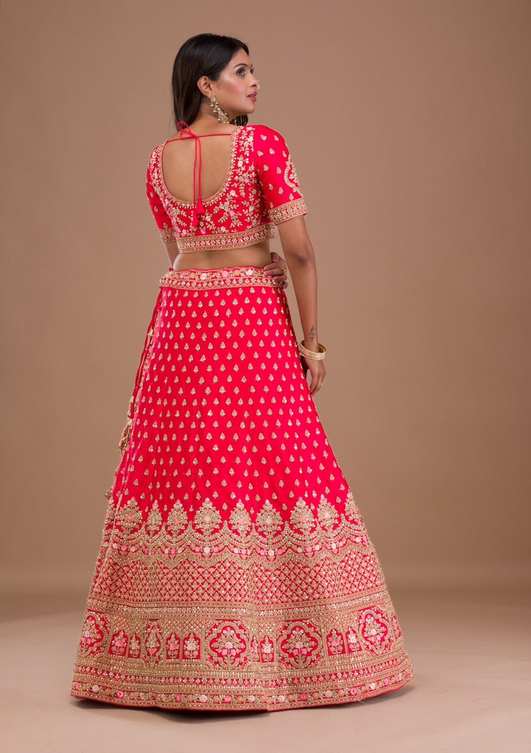 Red Zariwork Raw Silk Readymade Lehenga-Koskii