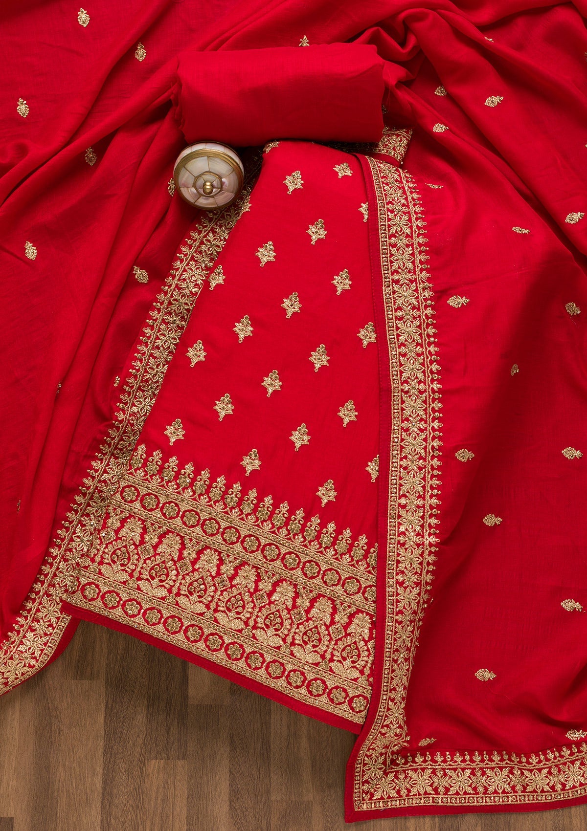 Red Zariwork Raw Silk Unstitched Salwar Suit-Koskii