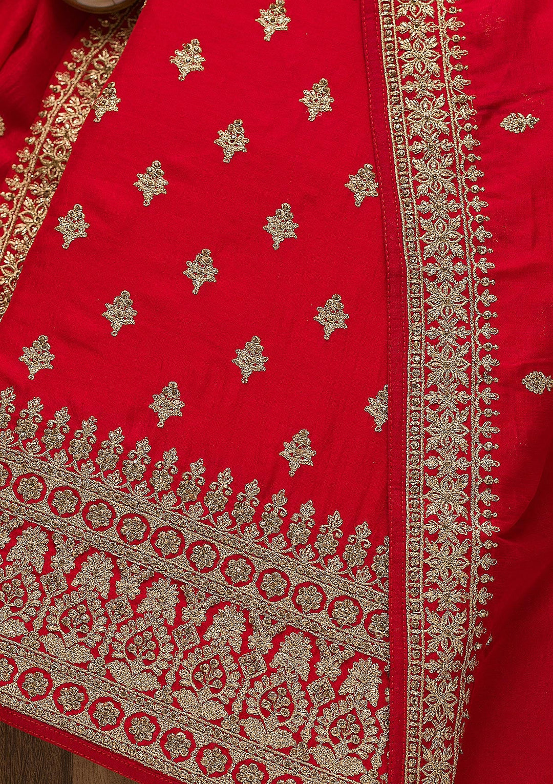 Red Zariwork Raw Silk Unstitched Salwar Suit-Koskii