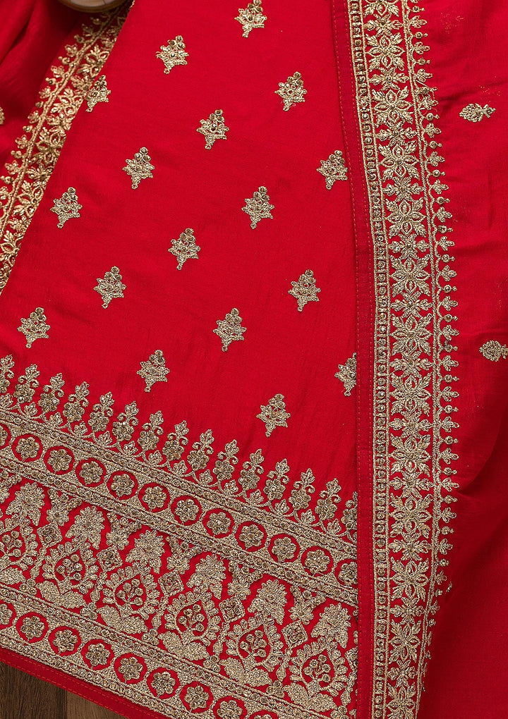 Red Zariwork Raw Silk Unstitched Salwar Suit-Koskii