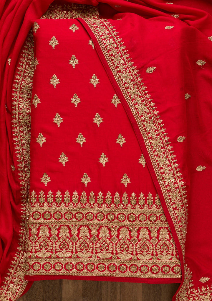 Red Zariwork Raw Silk Unstitched Salwar Suit-Koskii