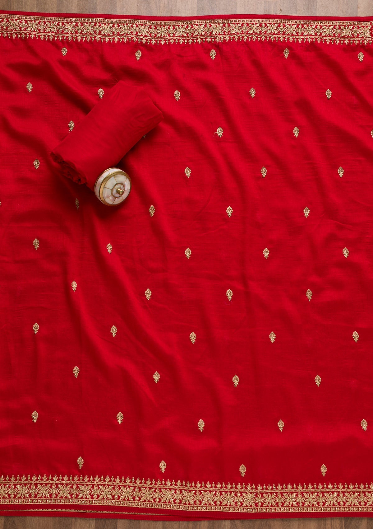 Red Zariwork Raw Silk Unstitched Salwar Suit-Koskii