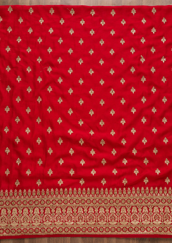 Red Zariwork Raw Silk Unstitched Salwar Suit-Koskii