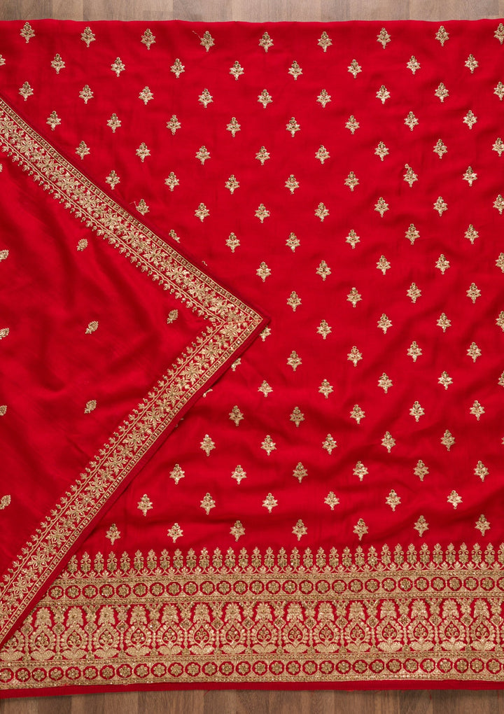 Red Zariwork Raw Silk Unstitched Salwar Suit-Koskii