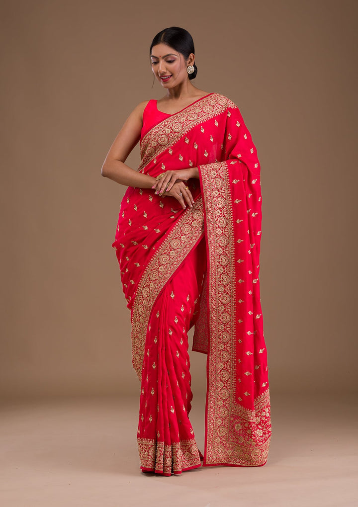 Red Zariwork Raw Silk Saree-Koskii