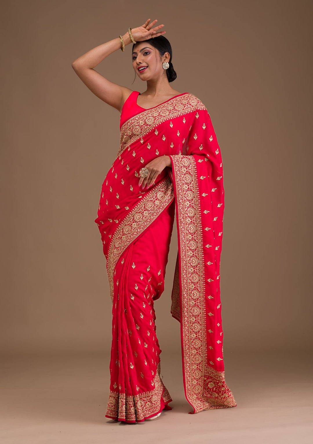 Red Zariwork Raw Silk Saree-Koskii