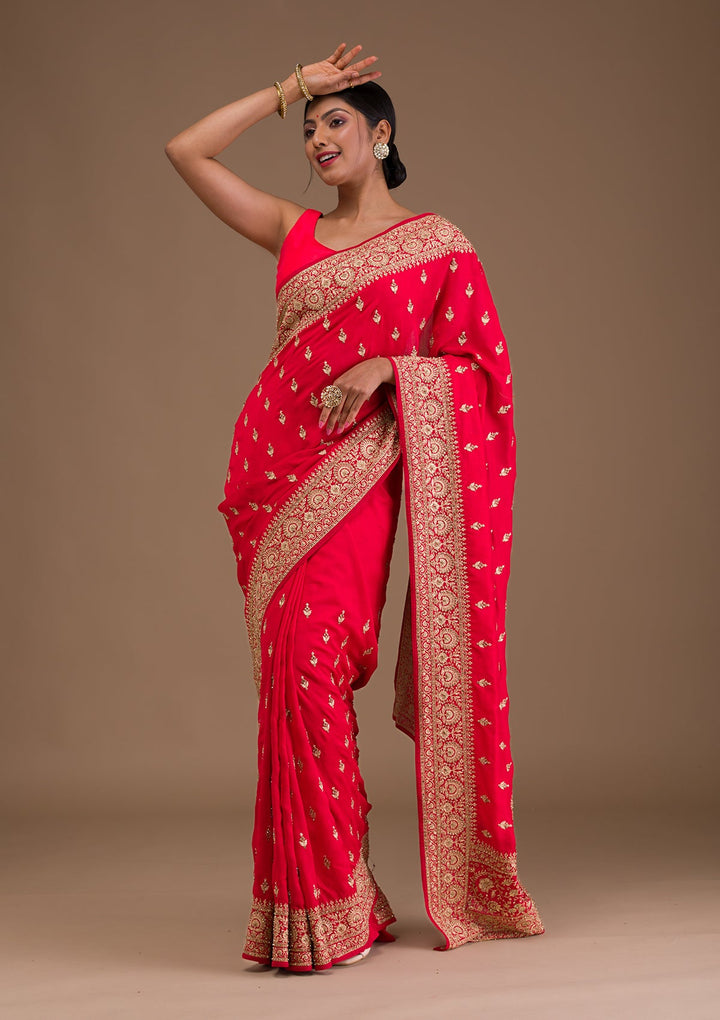 Red Zariwork Raw Silk Saree-Koskii