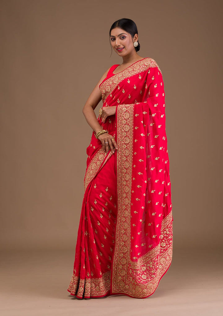 Red Zariwork Raw Silk Saree-Koskii