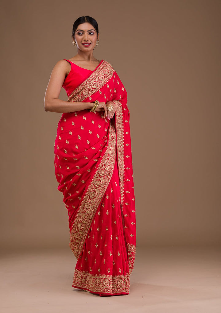 Red Zariwork Raw Silk Saree-Koskii