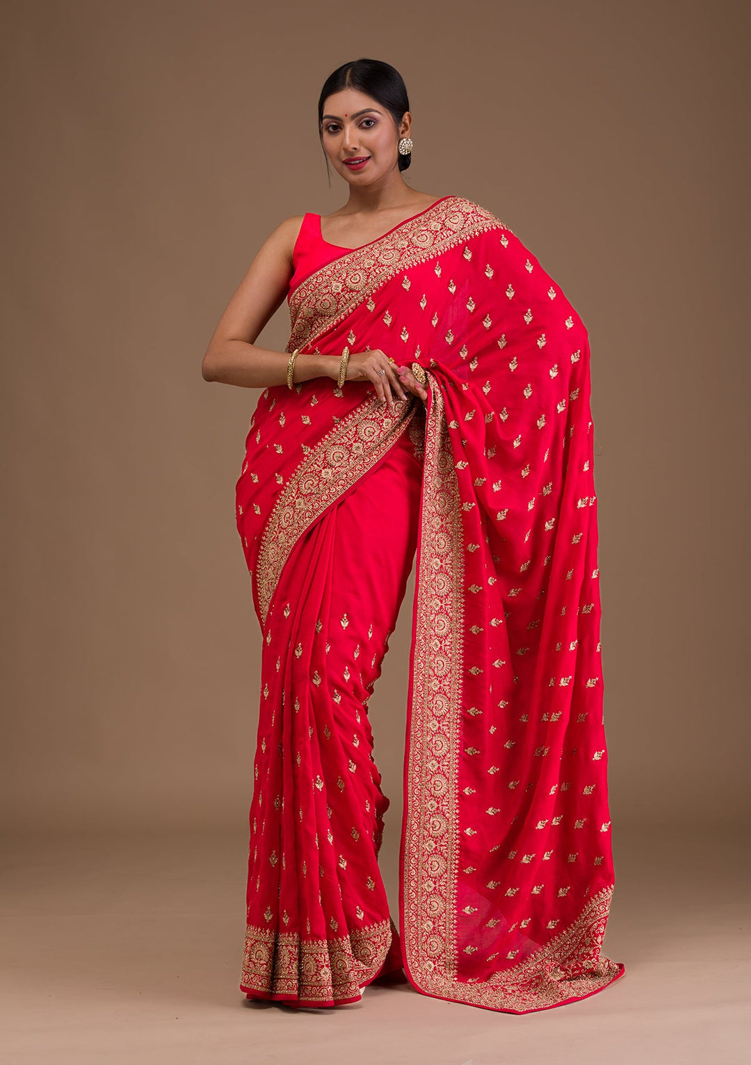 Red Zariwork Raw Silk Saree-Koskii