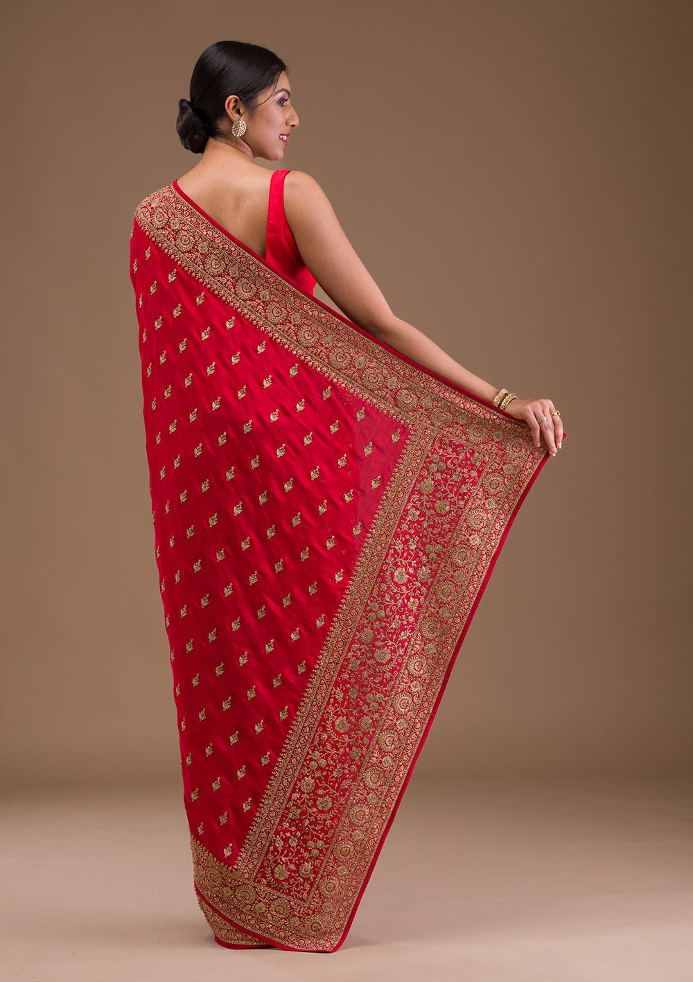 Red Zariwork Raw Silk Saree-Koskii