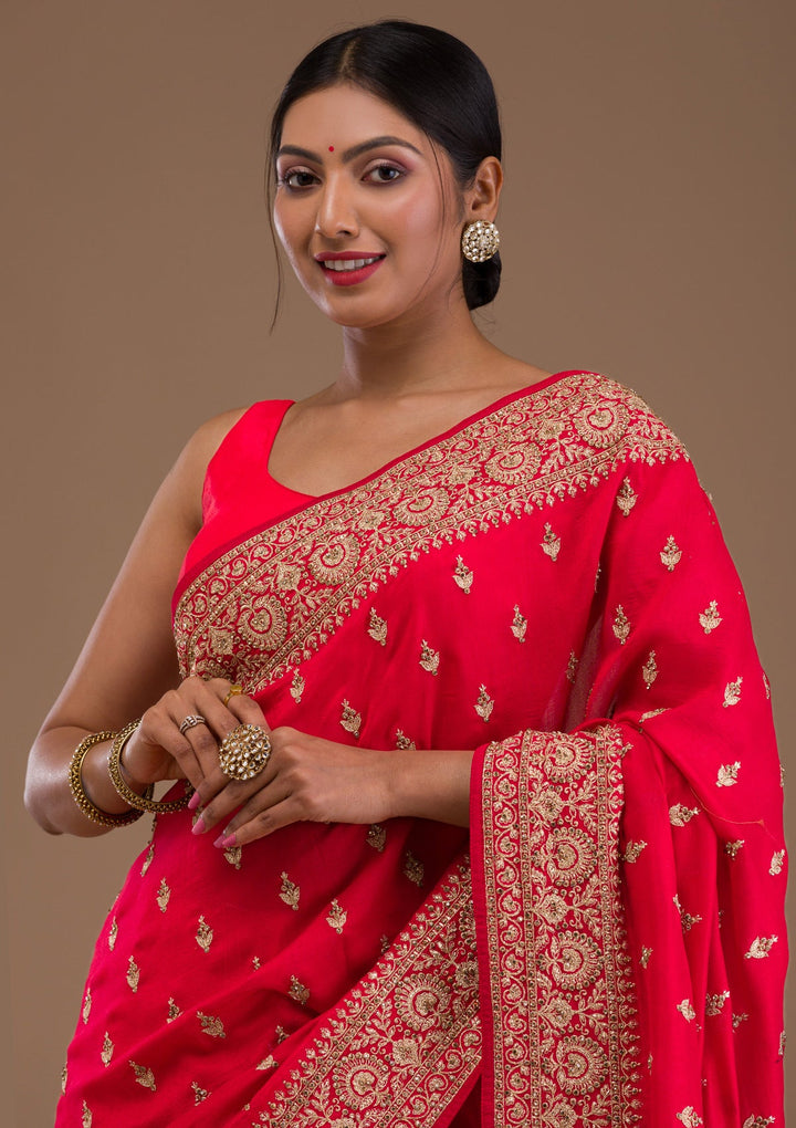 Red Zariwork Raw Silk Saree-Koskii