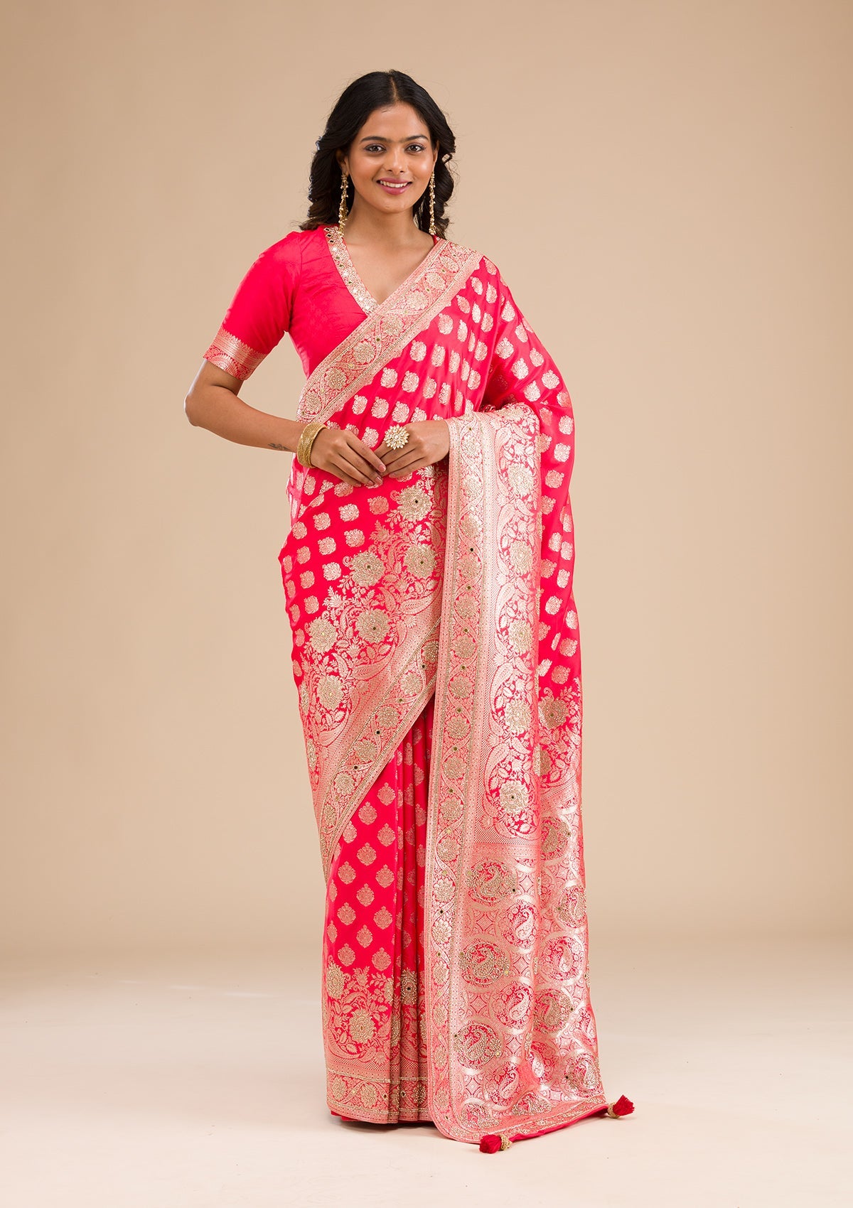 Red Zariwork Raw Silk Saree-Koskii