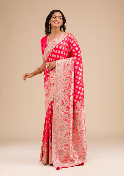 Red Zariwork Raw Silk Saree-Koskii