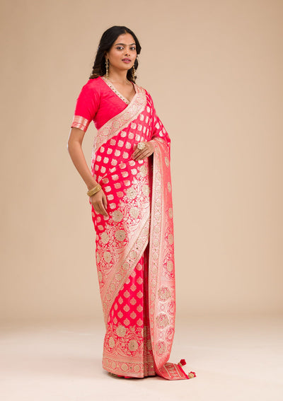 Red Zariwork Raw Silk Saree-Koskii