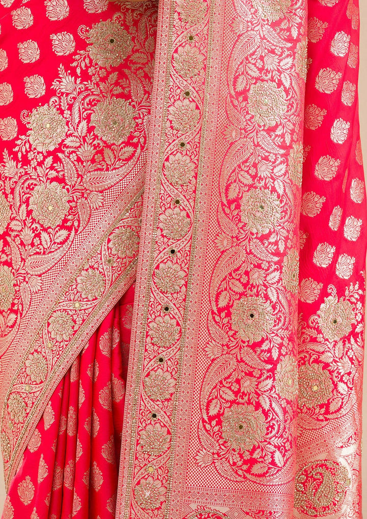 Red Zariwork Raw Silk Saree-Koskii