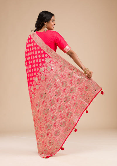 Red Zariwork Raw Silk Saree-Koskii