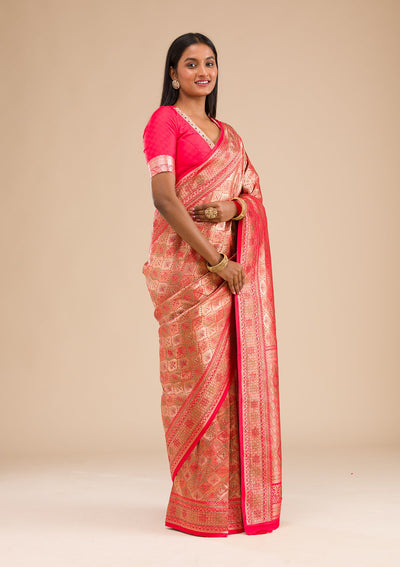 Red Zariwork Raw Silk Saree-Koskii