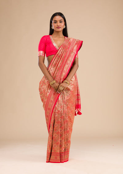 Red Zariwork Raw Silk Saree-Koskii