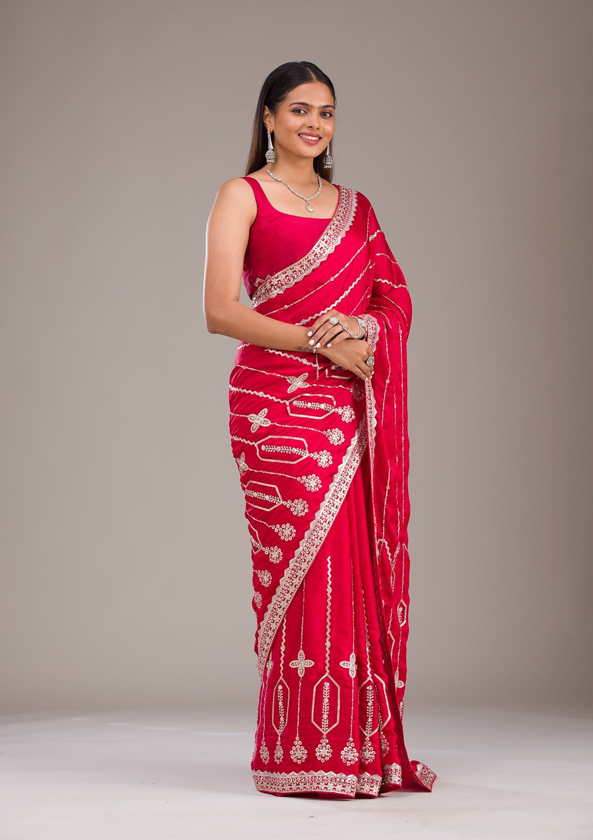 Red Zariwork Satin Saree-Koskii