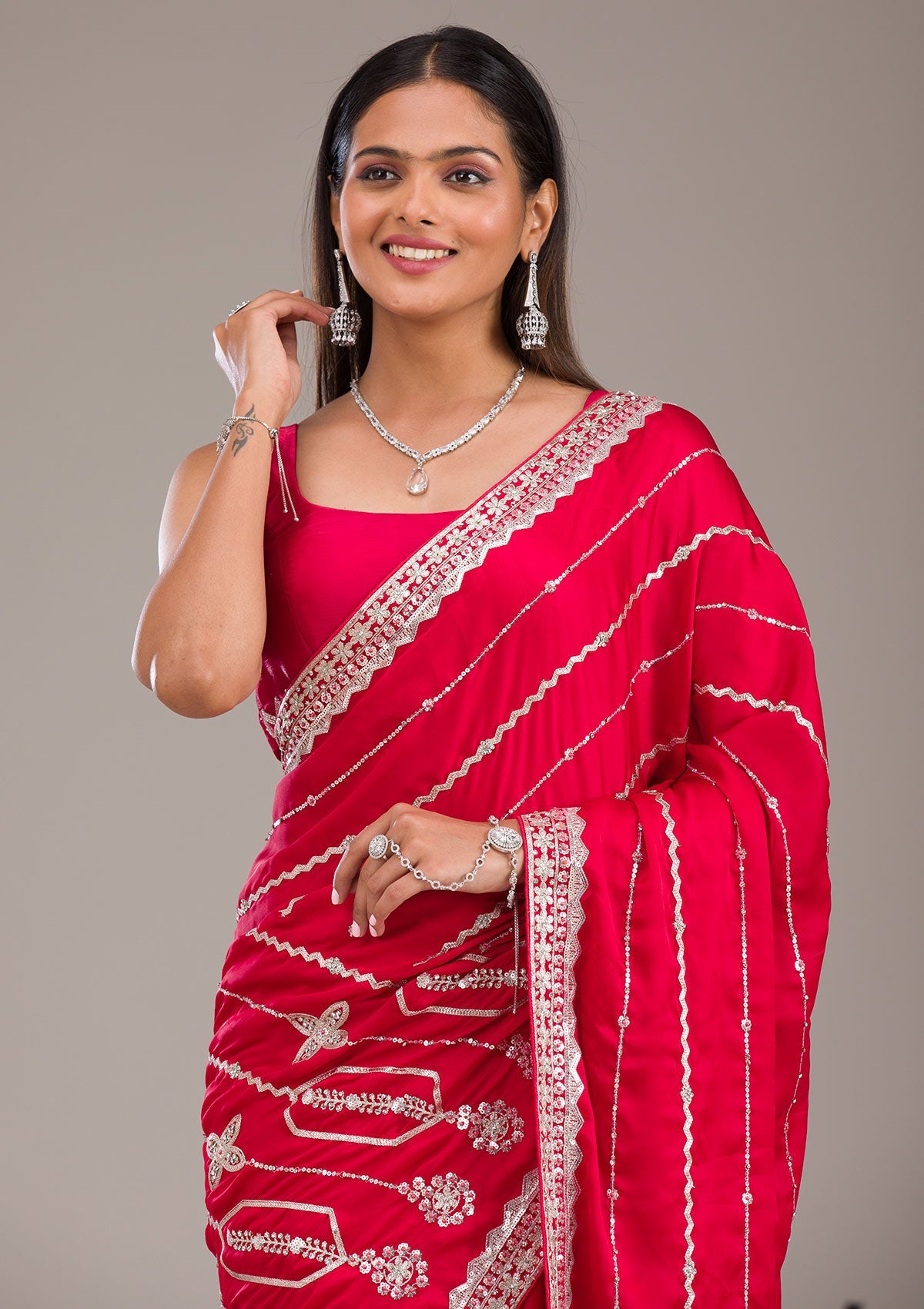 Red Zariwork Satin Saree-Koskii