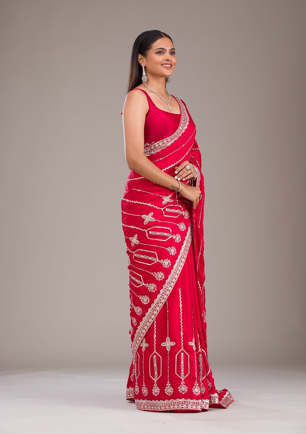 Red Zariwork Satin Saree-Koskii