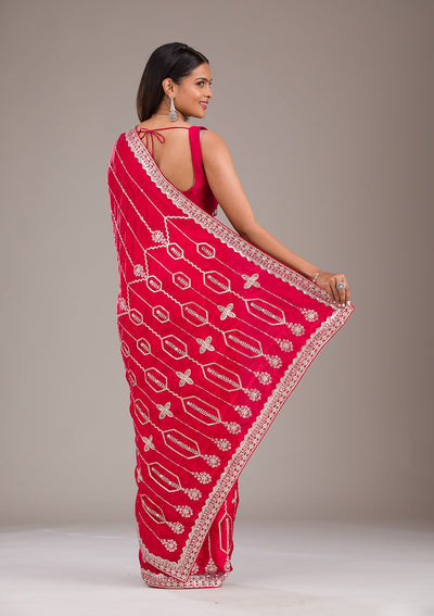 Red Zariwork Satin Saree-Koskii