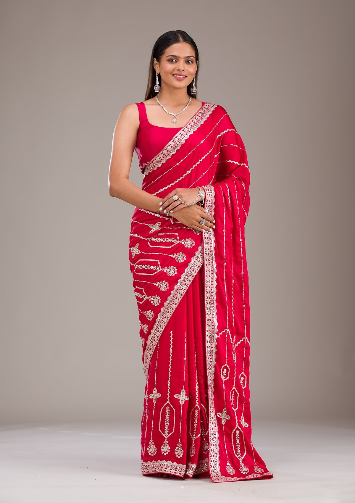 Red Zariwork Satin Saree-Koskii